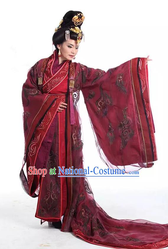 Traditional Chinese Southern and Northern Dynasties Palace Queen Dowager Embroidered Costume and Headpiece Complete Set