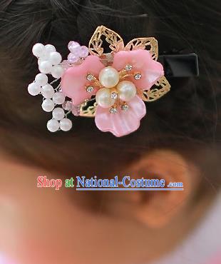 Korean National Hair Accessories Pink Shell Flower Hair Claw, Asian Korean Hanbok Fashion Headwear Hair Stick for Kids