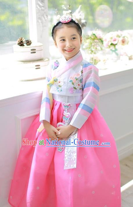 Asian Korean National Handmade Formal Occasions Embroidered White Blouse and Pink Dress Hanbok Costume for Kids