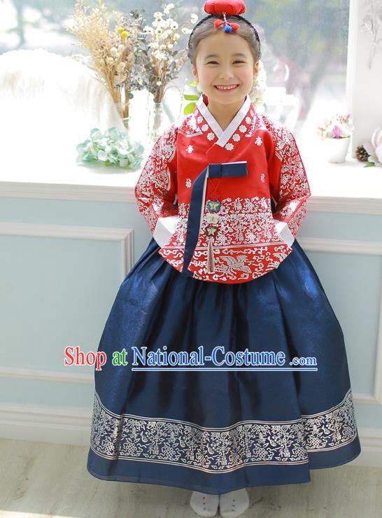 Asian Korean National Handmade Formal Occasions Embroidered Red Blouse and Blue Dress Hanbok Costume for Kids