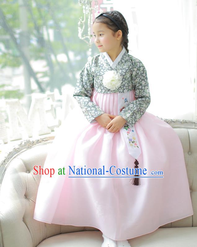 Asian Korean National Handmade Formal Occasions Printing Blouse and Pink Dress Hanbok Costume for Kids