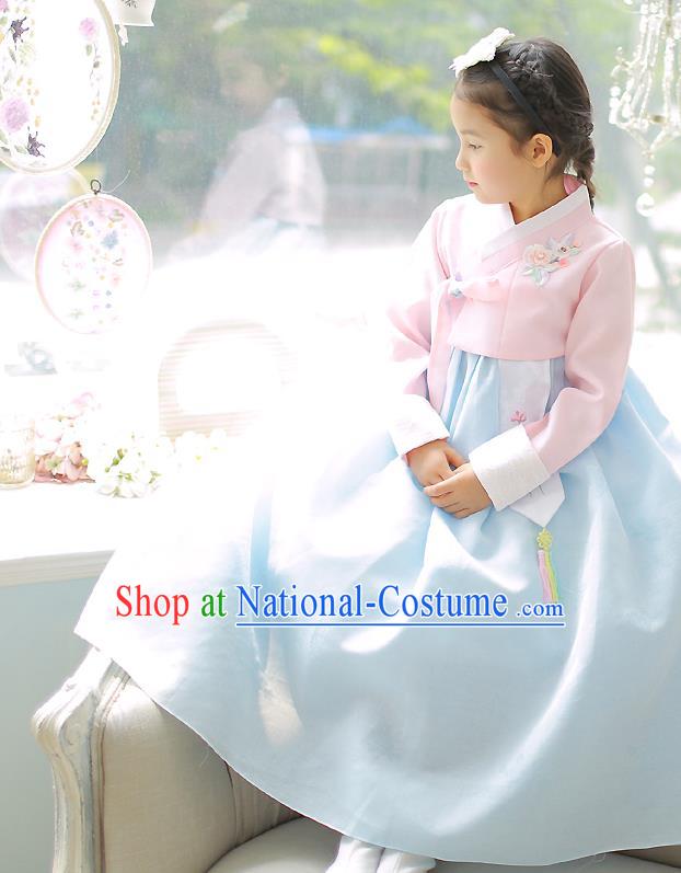 Asian Korean National Handmade Formal Occasions Embroidery Pink Blouse and Blue Dress Hanbok Costume for Kids