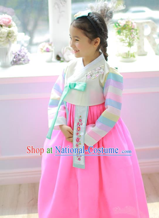 Asian Korean National Handmade Formal Occasions Embroidery Beige Blouse and Pink Dress Hanbok Costume for Kids