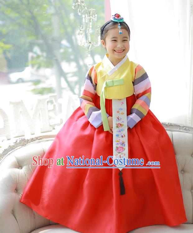 Asian Korean National Handmade Formal Occasions Embroidery Yellow Blouse and Red Dress Hanbok Costume for Kids