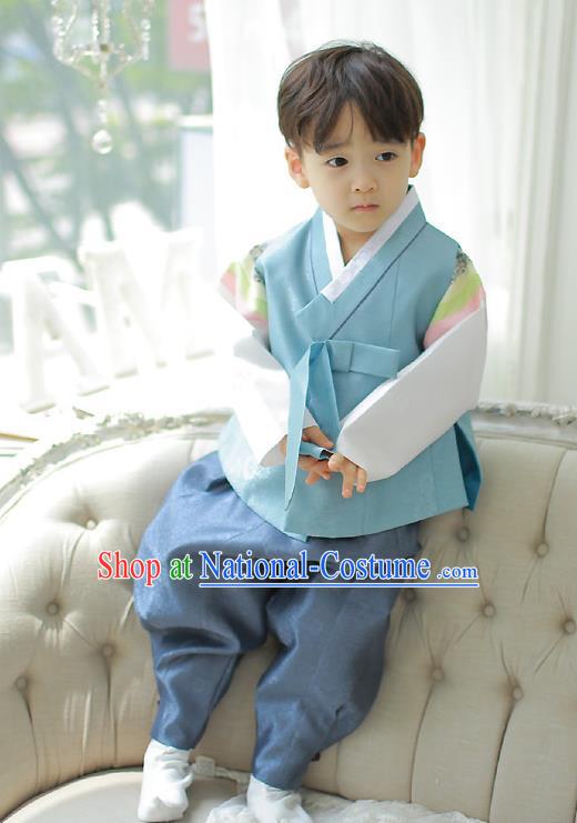 Asian Korean National Traditional Handmade Formal Occasions Boys Embroidery Blue Hanbok Costume Complete Set for Kids