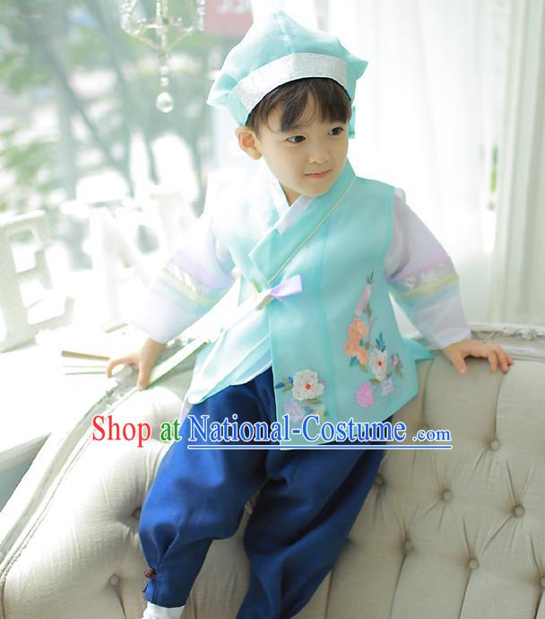 Asian Korean National Traditional Handmade Formal Occasions Boys Prince Embroidered Green Hanbok Costume Complete Set for Kids