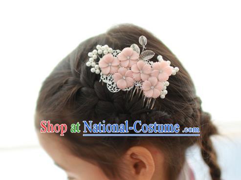 Korean National Hair Accessories Pink Flowers Hair Comb, Asian Korean Hanbok Fashion Headwear Hair Stick for Kids