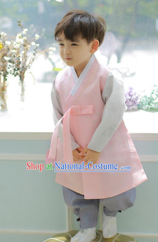 Asian Korean National Handmade Formal Occasions Embroidered Palace Prince Pink Hanbok Costume Complete Set for Boys