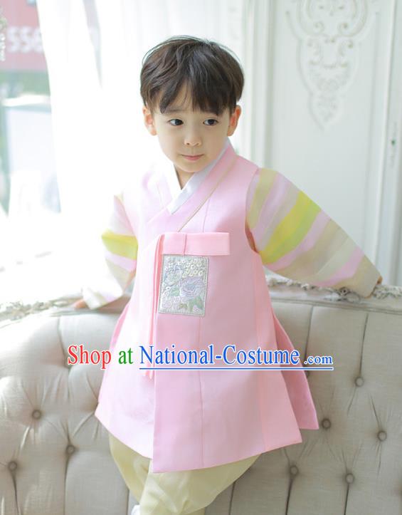 Asian Korean National Handmade Formal Occasions Embroidered Palace Prince Pink Hanbok Costume Complete Set for Boys