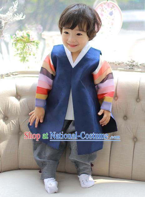 Asian Korean National Handmade Formal Occasions Embroidered Palace Prince Navy Hanbok Costume Complete Set for Boys