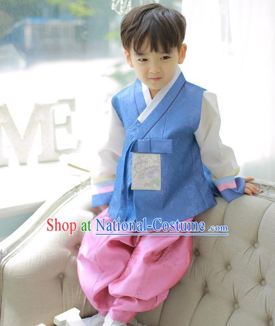 Asian Korean National Handmade Formal Occasions Embroidered Palace Prince Blue Hanbok Costume Complete Set for Boys