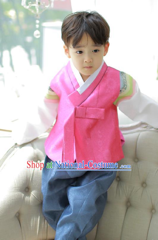 Asian Korean National Handmade Formal Occasions Embroidered Palace Prince Rosy Hanbok Costume Complete Set for Boys