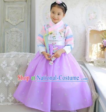 Asian Korean National Handmade Formal Occasions Embroidered White Blouse and Purple Dress Palace Hanbok Costume for Kids