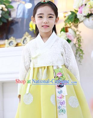 Asian Korean National Handmade Formal Occasions Embroidered White Lace Blouse and Yellow Dress Palace Hanbok Costume for Kids