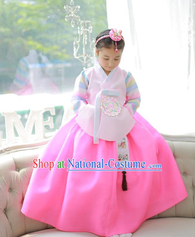 Asian Korean National Handmade Formal Occasions Embroidered Pink Blouse and Yellow Dress Palace Hanbok Costume for Kids