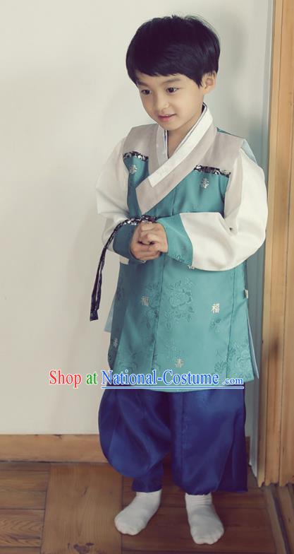 Asian Korean National Handmade Formal Occasions Embroidered Palace Prince Dark Green Hanbok Costume Complete Set for Boys