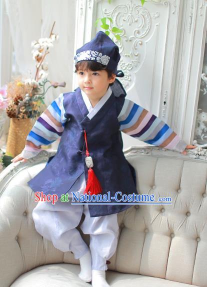 Asian Korean National Handmade Formal Occasions Embroidered Palace Prince Navy Hanbok Costume Complete Set for Boys