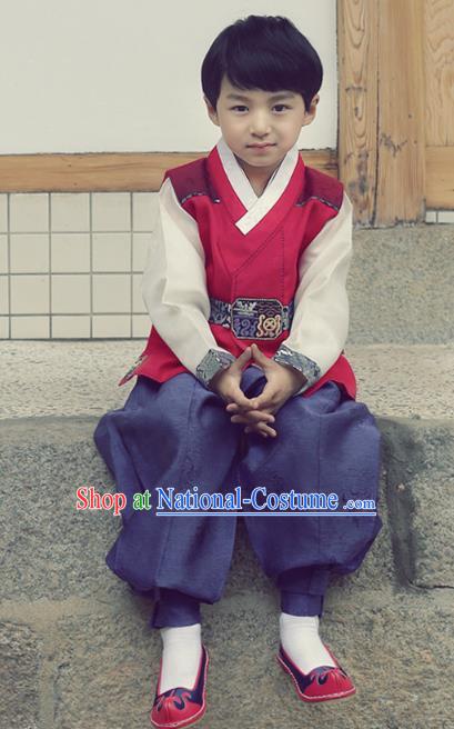 Asian Korean National Handmade Formal Occasions Embroidered Palace Prince Red Hanbok Costume Complete Set for Boys