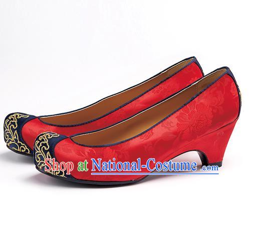 Traditional Korean National Wedding Embroidered Red Shoes, Asian Korean Hanbok Bride Embroidery Shoes for Women