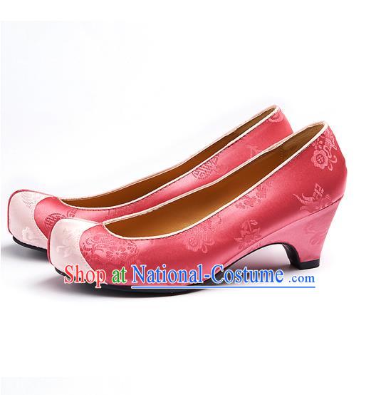 Traditional Korean National Wedding Embroidered Pink Shoes, Asian Korean Hanbok Bride Embroidery Satin Shoes for Women