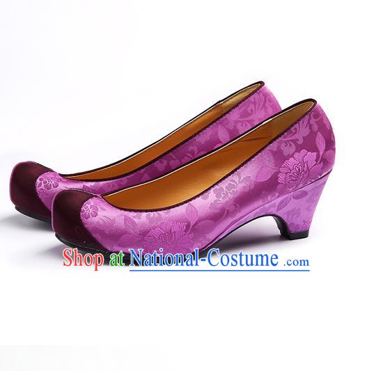 Traditional Korean National Wedding Embroidered Purple Shoes, Asian Korean Hanbok Bride Embroidery Satin Shoes for Women