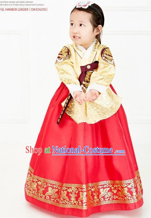 Asian Korean National Handmade Formal Occasions Wedding Embroidered Yellow Blouse and Red Dress Traditional Palace Hanbok Costume for Kids