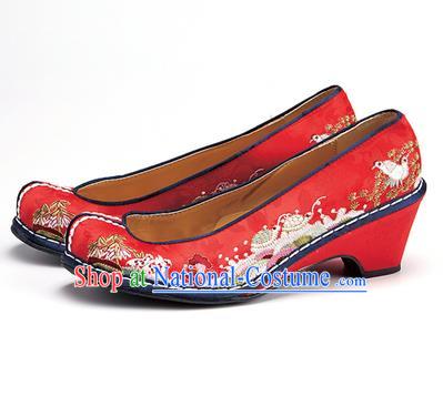 Traditional Korean National Wedding Shoes Embroidered Shoes, Asian Korean Hanbok Embroidery Red Bride Court Shoes for Women