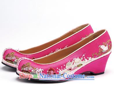 Traditional Korean National Wedding Shoes Embroidered Shoes, Asian Korean Hanbok Embroidery Rosy Bride Court Shoes for Women