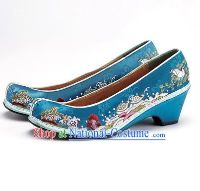 Traditional Korean National Wedding Shoes Embroidered Shoes, Asian Korean Hanbok Embroidery Blue Bride Court Shoes for Women