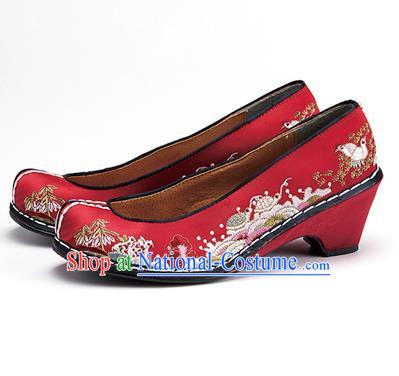 Traditional Korean National Wedding Shoes Embroidered Shoes, Asian Korean Hanbok Embroidery Dark Red Bride Court Shoes for Women