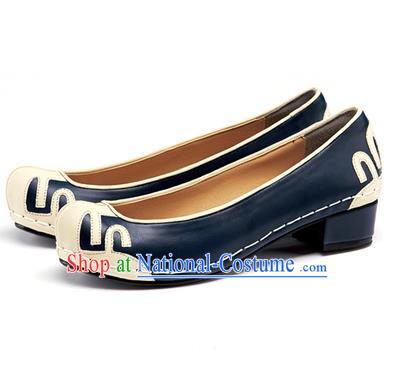 Traditional Korean National Wedding Shoes Embroidered Shoes, Asian Korean Hanbok Embroidery Blue Court Shoes for Women