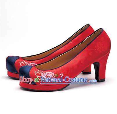 Traditional Korean National Wedding Shoes Red Embroidered Shoes, Asian Korean Hanbok Embroidery Flowers High-heeled Court Shoes for Women