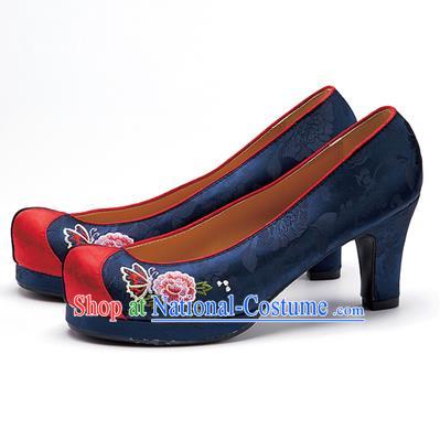 Traditional Korean National Wedding Shoes Navy Embroidered Shoes, Asian Korean Hanbok Embroidery Flowers High-heeled Court Shoes for Women