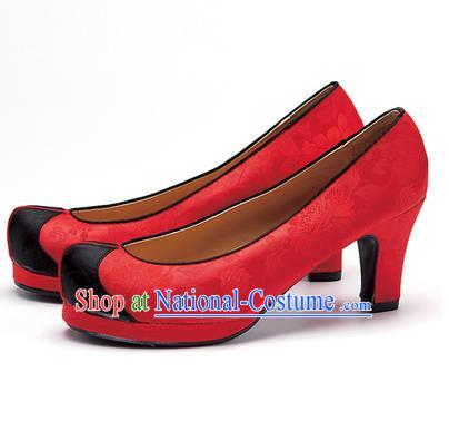 Traditional Korean National Wedding Shoes Red Embroidered Shoes, Asian Korean Hanbok High-heeled Court Shoes for Women