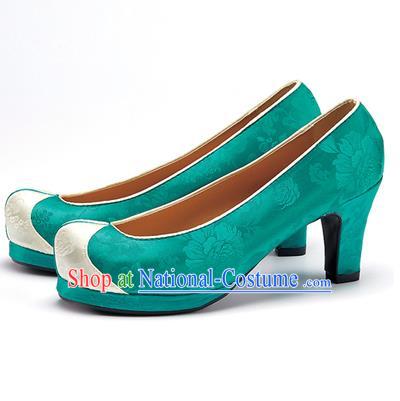 Traditional Korean National Wedding Shoes Deep Green Embroidered Shoes, Asian Korean Hanbok High-heeled Court Shoes for Women