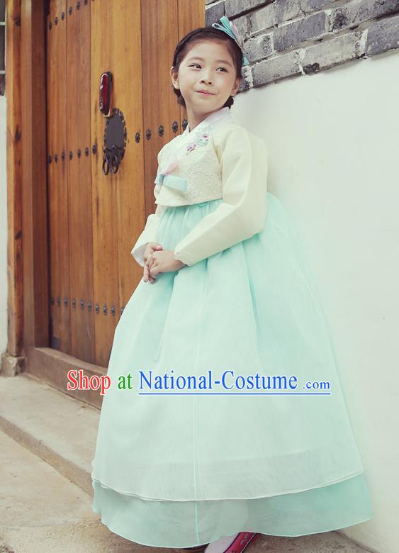 Asian Korean National Handmade Formal Occasions Wedding Embroidered White Blouse and Blue Dress Traditional Palace Hanbok Costume for Kids