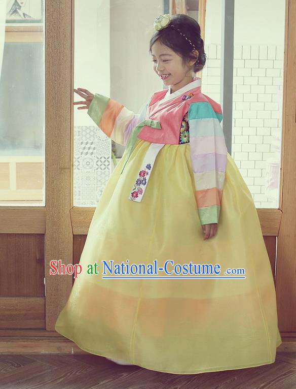 Asian Korean National Handmade Formal Occasions Wedding Embroidered Pink Blouse and Yellow Dress Traditional Palace Hanbok Costume for Kids