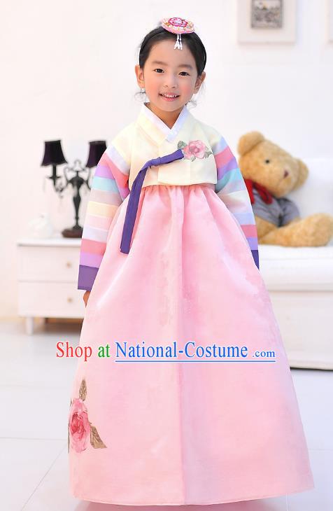 Asian Korean National Handmade Formal Occasions Wedding Embroidered Beige Blouse and Pink Dress Traditional Palace Hanbok Costume for Kids