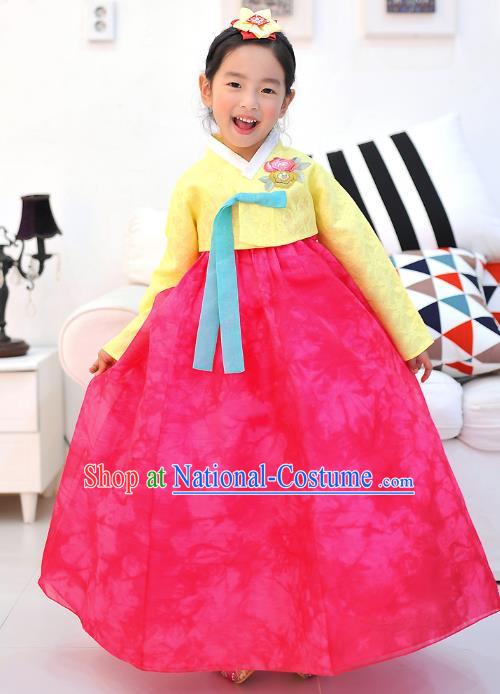 Asian Korean National Handmade Formal Occasions Wedding Embroidered Yellow Blouse and Pink Dress Traditional Palace Hanbok Costume for Kids