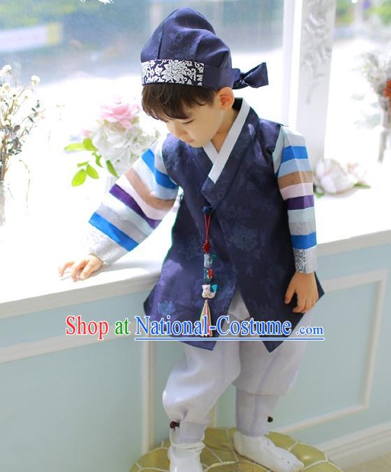 Asian Korean National Traditional Handmade Formal Occasions Boys Embroidery Navy Hanbok Costume Complete Set for Kids