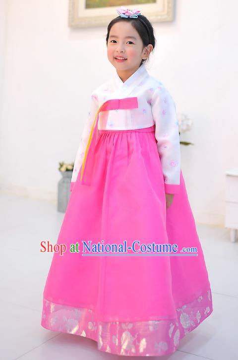 Asian Korean National Handmade Formal Occasions Wedding Embroidered Printing White Blouse and Pink Dress Traditional Palace Hanbok Costume for Kids