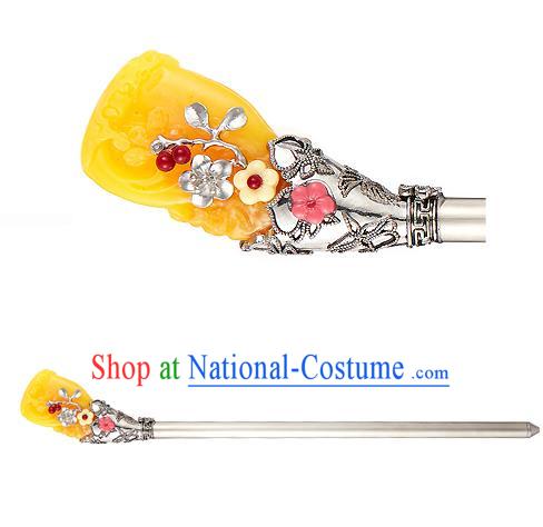 Traditional Korean Hair Accessories Bride Wedding Yellow Hairpins, Asian Korean Hanbok Fashion Palace Headwear Hair Stick for Women