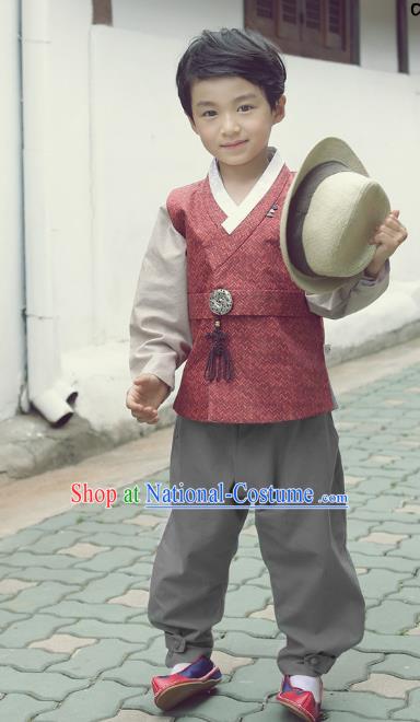 Asian Korean National Traditional Handmade Formal Occasions Boys Embroidery Red Vest Hanbok Costume Complete Set for Kids