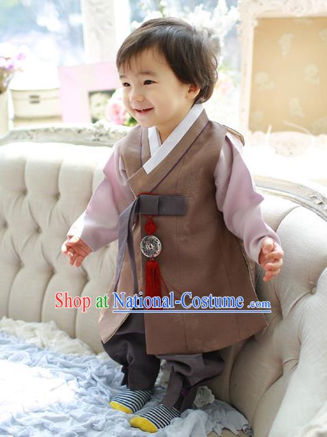 Asian Korean National Traditional Handmade Formal Occasions Boys Embroidery Brown Vest Hanbok Costume Complete Set for Kids