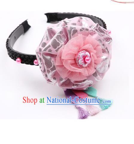 Traditional Korean Hair Accessories Pink Silk Flower Hair Clasp, Asian Korean Hanbok Fashion Headwear Headband for Kids