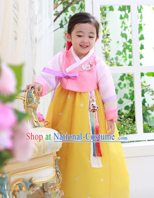 Asian Korean National Handmade Formal Occasions Wedding Embroidered Pink Blouse and Yellow Dress Traditional Palace Hanbok Costume for Kids