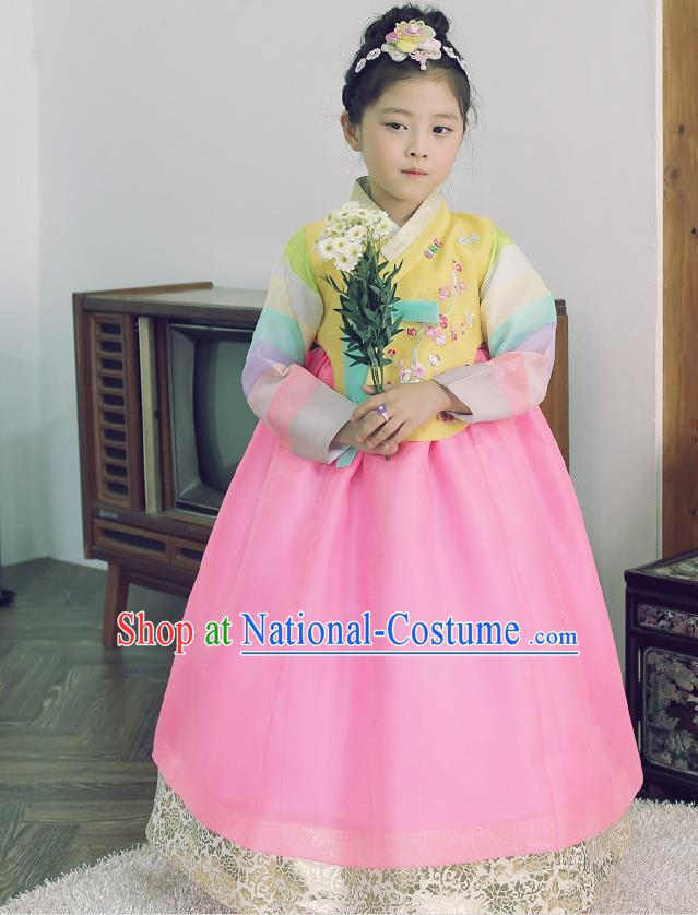 Asian Korean National Handmade Formal Occasions Wedding Embroidered Yellow Blouse and Pink Dress Traditional Palace Hanbok Costume for Kids