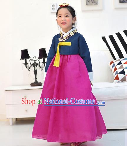 Asian Korean National Handmade Formal Occasions Wedding Embroidered Navy Blouse and Pink Dress Traditional Palace Hanbok Costume for Kids