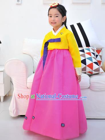 Asian Korean National Handmade Formal Occasions Wedding Embroidered Yellow Blouse and Pink Dress Traditional Palace Hanbok Costume for Kids