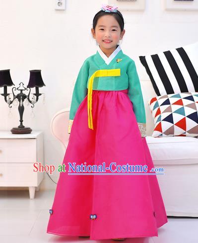 Asian Korean National Handmade Formal Occasions Wedding Embroidered Green Blouse and Pink Dress Traditional Palace Hanbok Costume for Kids